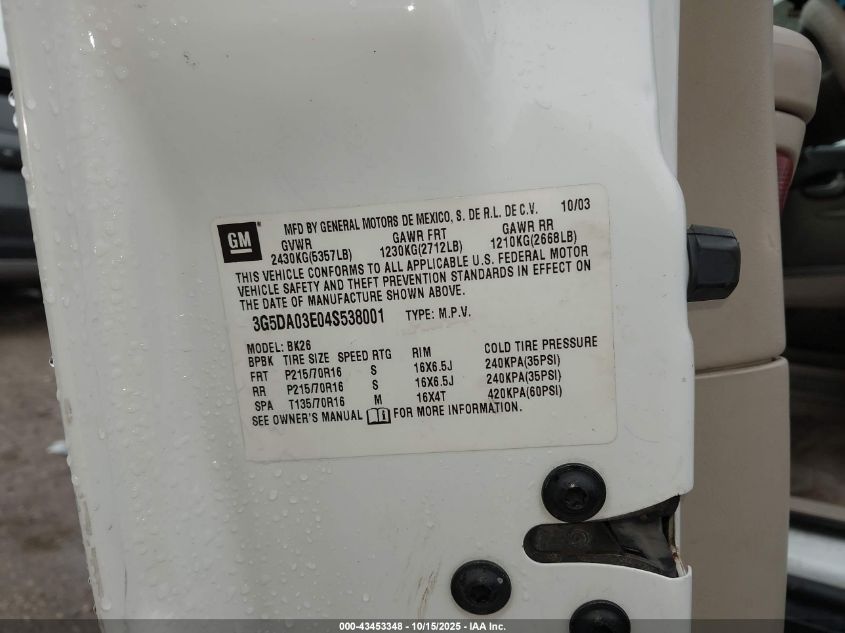 2004 Buick Rendezvous Cx VIN: 3G5DA03E04S538001 Lot: 43453348