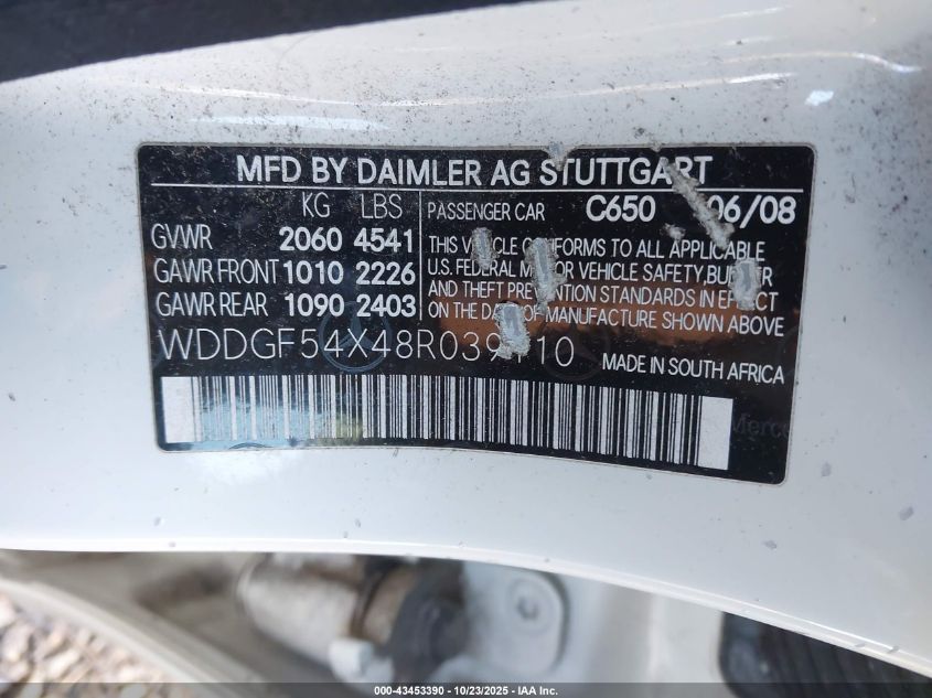 2008 Mercedes-Benz C 300 Luxury/Sport VIN: WDDGF54X48R039110 Lot: 43453390