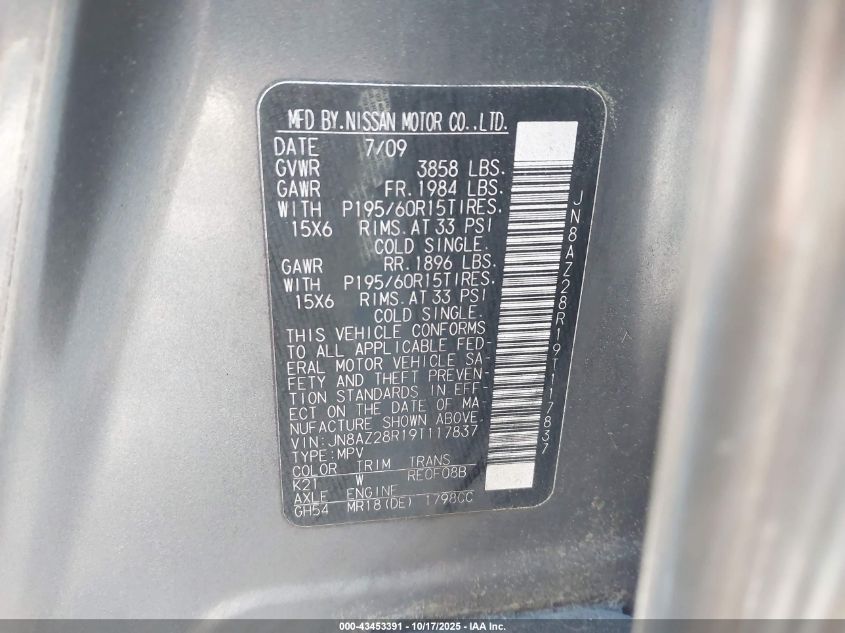 2009 Nissan Cube 1.8S VIN: JN8AZ28R19T117837 Lot: 43453391