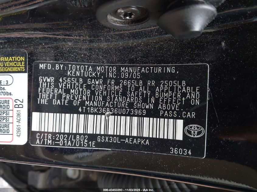 2006 Toyota Avalon Limited VIN: 4T1BK36B36U073969 Lot: 43453393