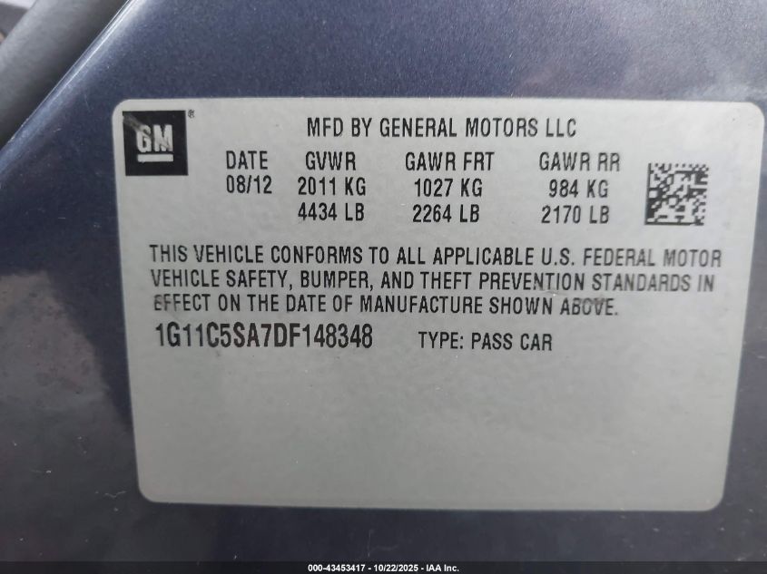 2013 Chevrolet Malibu 1Lt VIN: 1G11C5SA7DF148348 Lot: 43453417