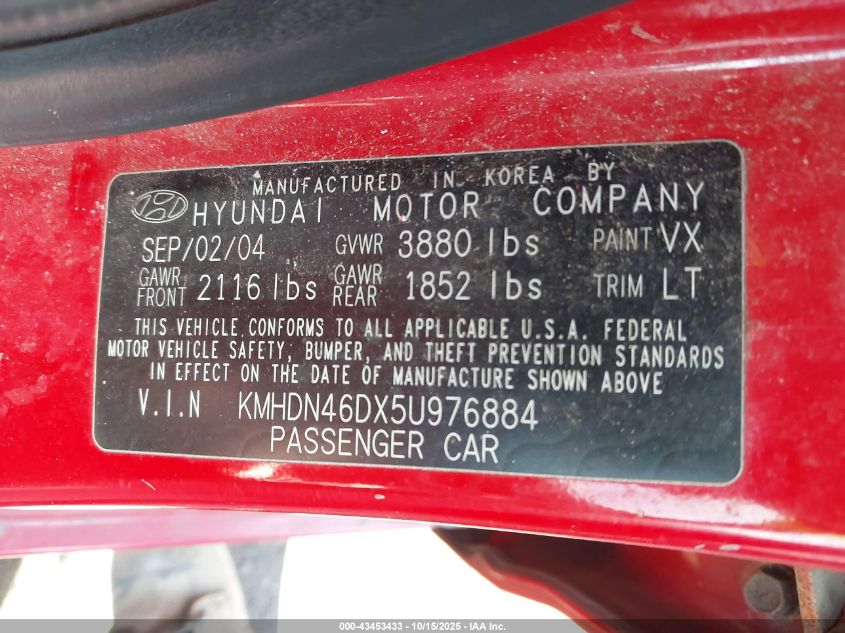 2005 Hyundai Elantra Gls/Gt VIN: KMHDN46DX5U976884 Lot: 43453433