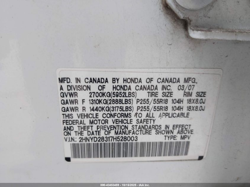 2007 Acura Mdx Technology Package VIN: 2HNYD28317H528003 Lot: 43453459
