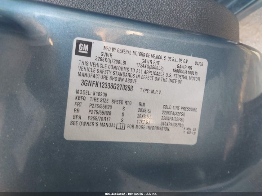 2008 Chevrolet Avalanche 1500 Ltz VIN: 3GNFK12338G270288 Lot: 43453492