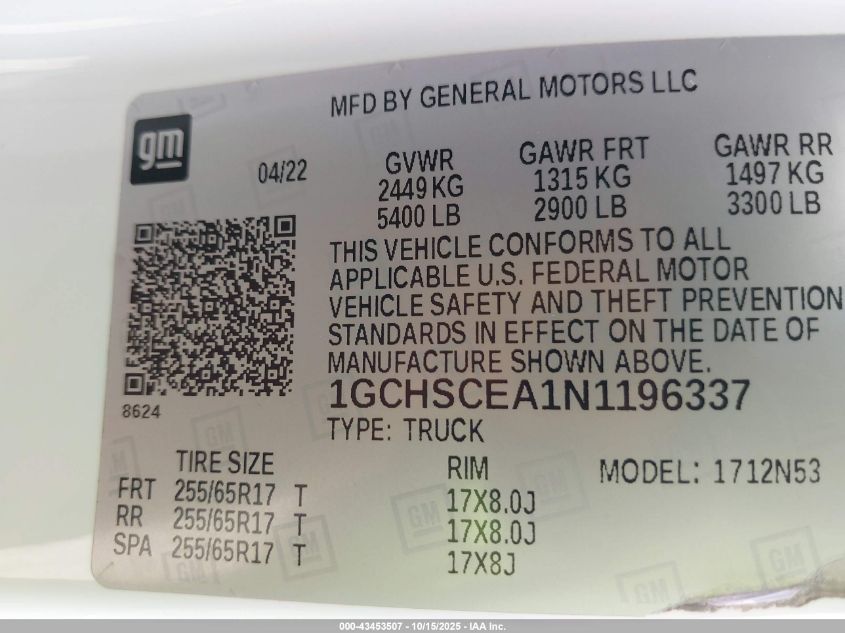2022 Chevrolet Colorado 2Wd Long Box Lt VIN: 1GCHSCEA1N1196337 Lot: 43453507