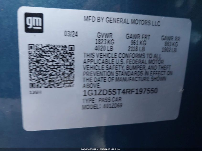 2024 Chevrolet Malibu Fwd 1Lt VIN: 1G1ZD5ST4RF197550 Lot: 43453519