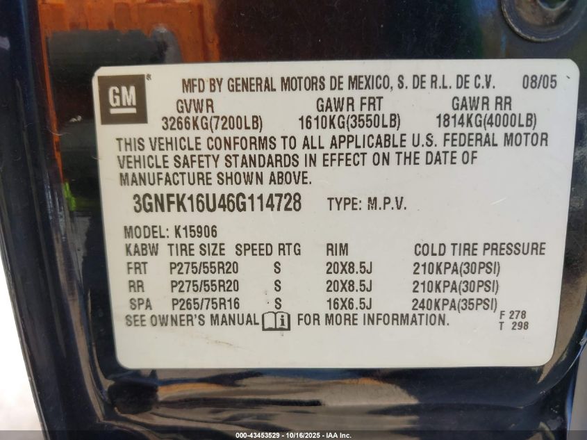 2006 Chevrolet Suburban 1500 Ltz VIN: 3GNFK16U46G114728 Lot: 43453529