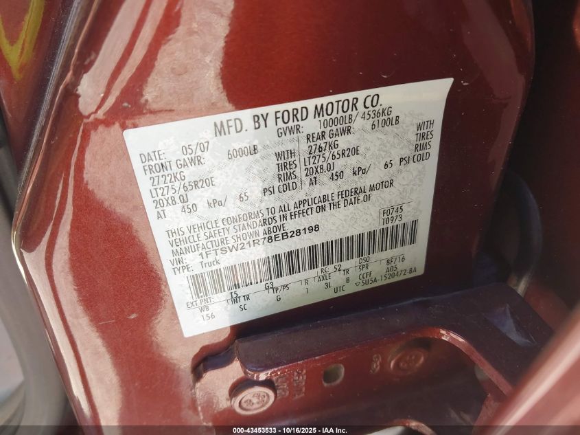 2008 Ford F-250 Fx4/Harley-Davidson/King Ranch/Lariat/Xl/Xlt VIN: 1FTSW21R78EB28198 Lot: 43453533