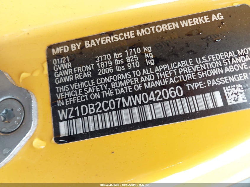 2021 TOYOTA GR SUPRA 2.0 WZ1DB2C07MW042060