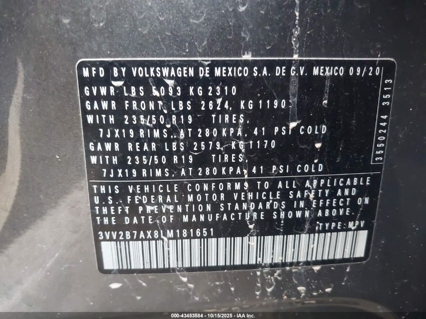 2020 Volkswagen Tiguan 2.0T Se/2.0T Se R-Line Black/2.0T Sel VIN: 3VV2B7AX8LM181651 Lot: 43453584