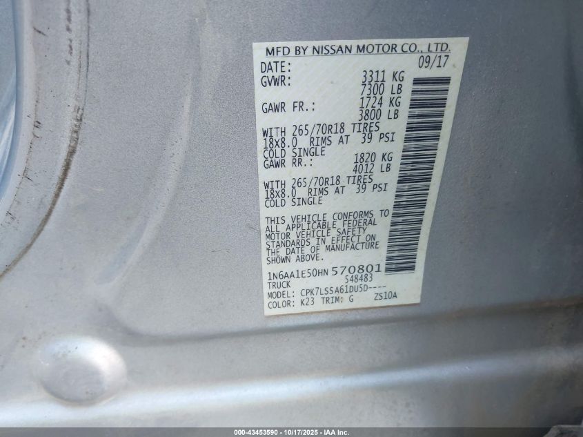 2017 NISSAN TITAN SV 1N6AA1E50HN570801