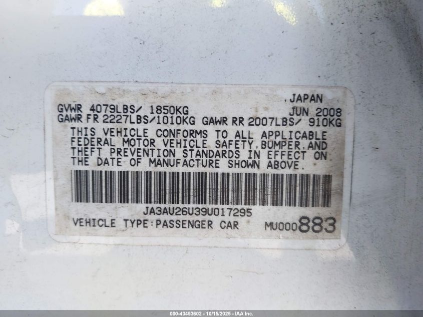 2009 Mitsubishi Lancer Es/Es-Sport VIN: JA3AU26U39U017295 Lot: 43453602