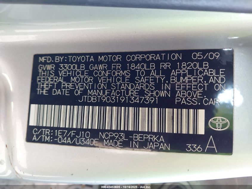 2009 Toyota Yaris VIN: JTDBT903191347391 Lot: 43453605