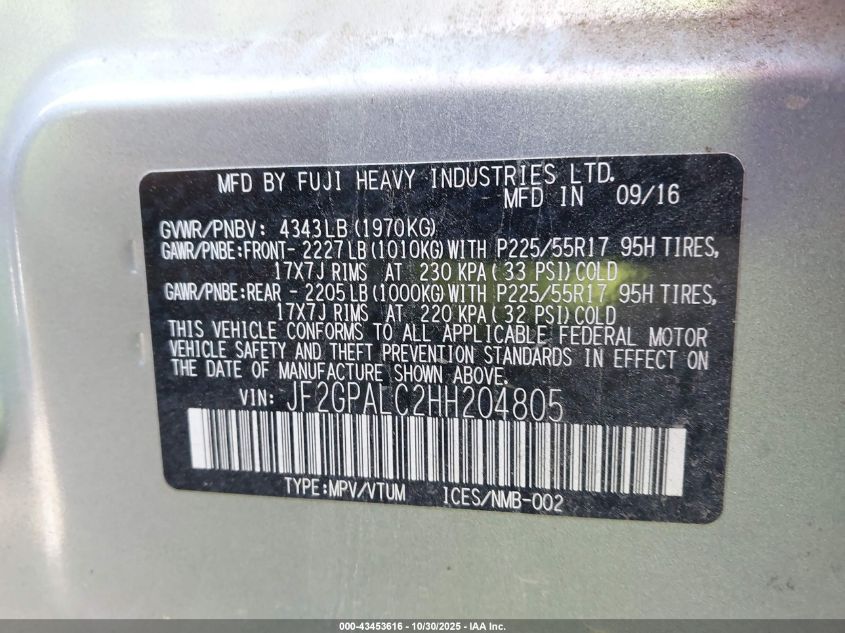 2017 Subaru Crosstrek 2.0I Limited VIN: JF2GPALC2HH204805 Lot: 43453616