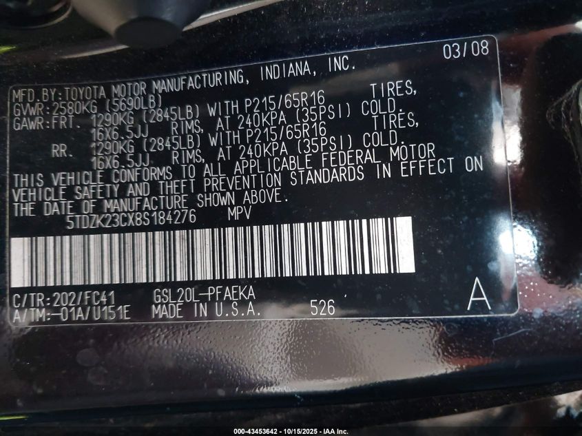 2008 Toyota Sienna Le VIN: 5TDZK23CX8S184276 Lot: 43453642