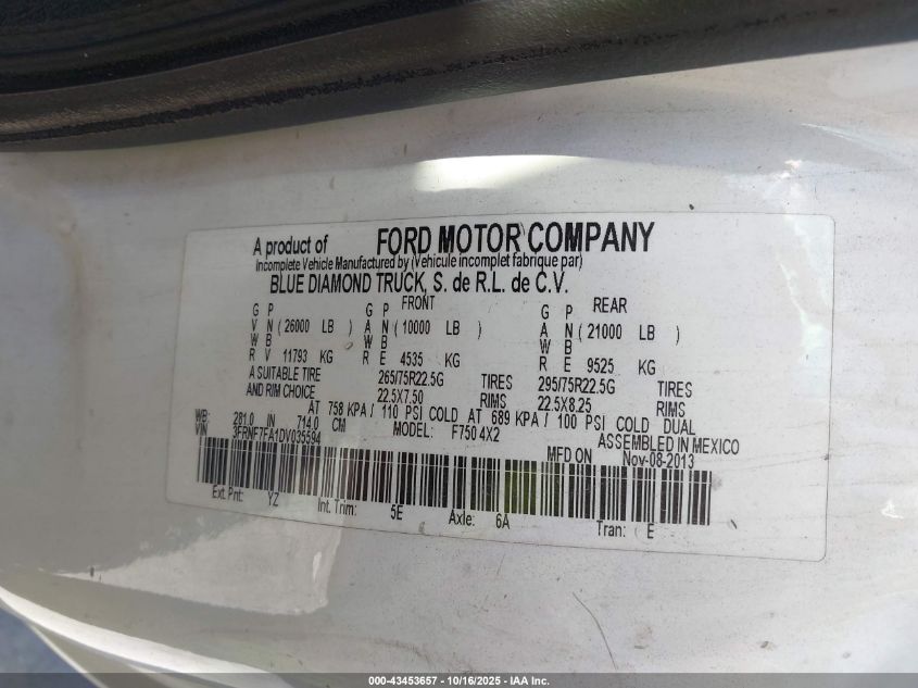 2013 Ford Super Duty F-750 Straight Frame Xl/Xlt VIN: 3FRNF7FA1DV035594 Lot: 43453657