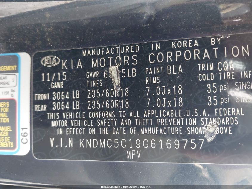 2016 Kia Sedona Sx VIN: KNDMC5C19G6169757 Lot: 43453663