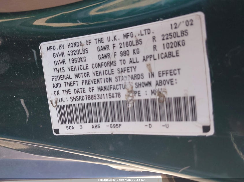 2003 Honda Cr-V Ex VIN: SHSRD78853U115478 Lot: 43453668