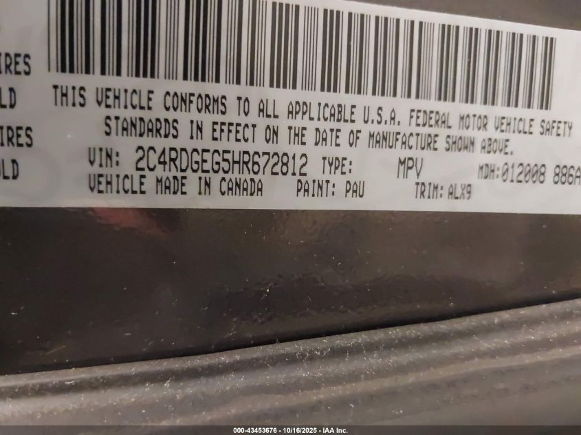 2017 Dodge Grand Caravan Gt VIN: 2C4RDGEG5HR672812 Lot: 43453676