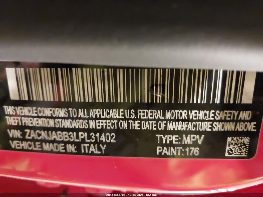 2020 Jeep Renegade Latitude Fwd VIN: ZACNJABB3LPL31402 Lot: 43453707