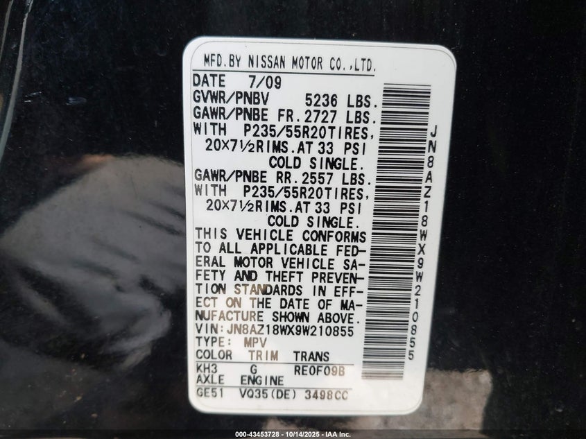 JN8AZ18WX9W210855 2009 NISSAN MURANO photo no. 9