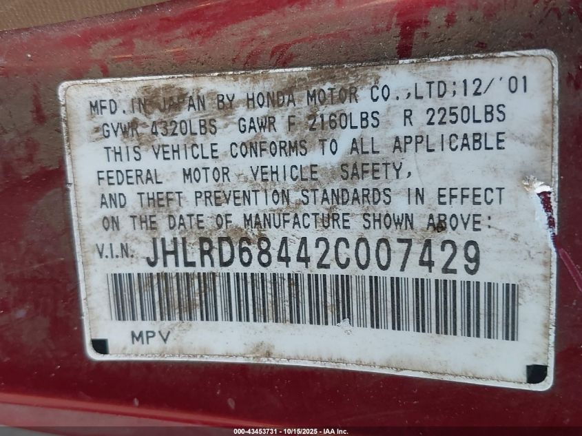 2002 Honda Cr-V Lx VIN: JHLRD68442C007429 Lot: 43453731
