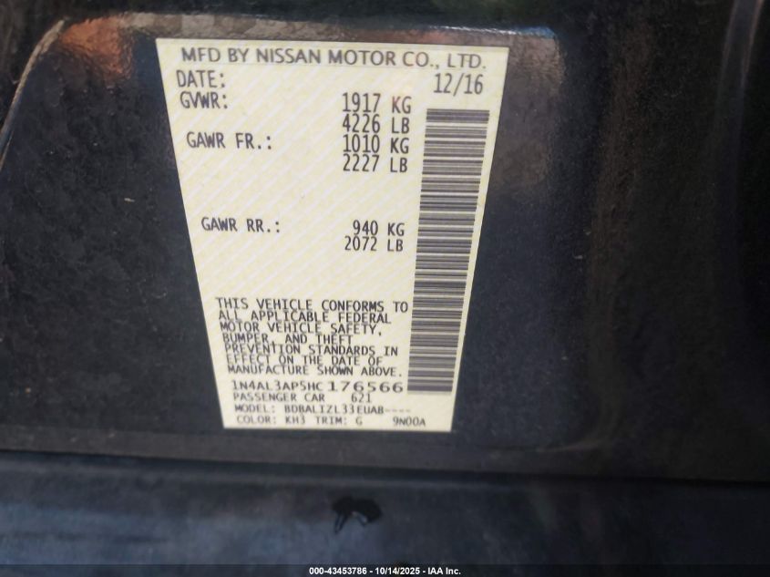 2017 Nissan Altima 2.5 Sv VIN: 1N4AL3AP5HC176566 Lot: 43453786