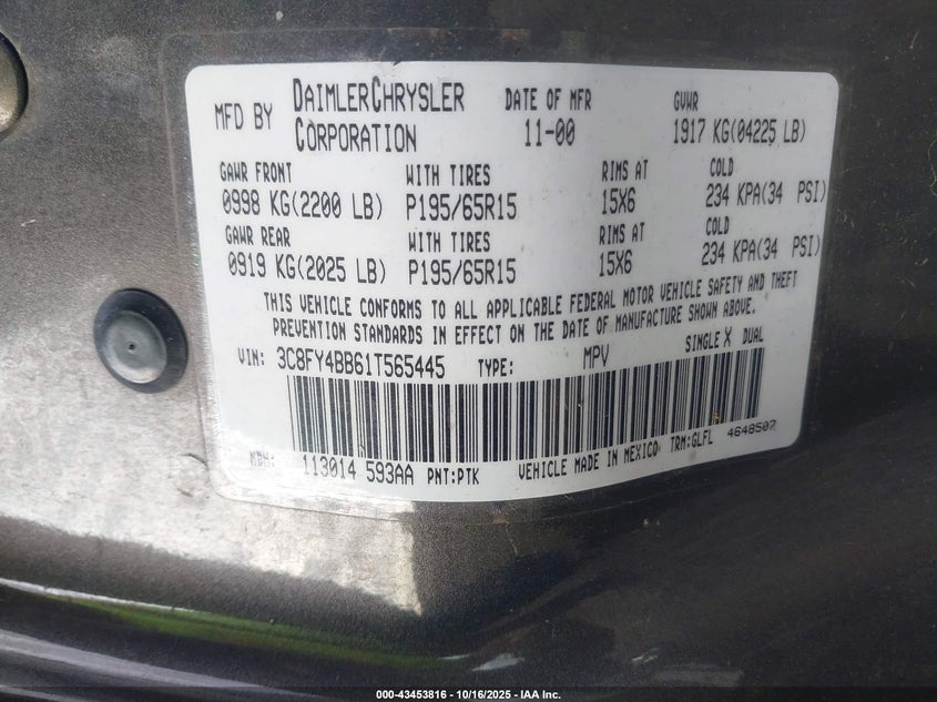 3C8FY4BB61T565445 2001 CHRYSLER PT CRUISER photo no. 9