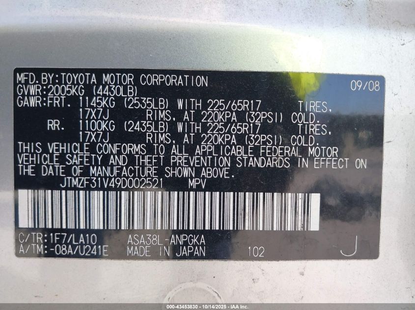 2009 Toyota Rav4 Limited VIN: JTMZF31V49D002521 Lot: 43453830