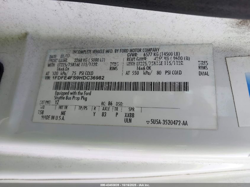 2017 Ford E-450 Cutaway VIN: 1FDFE4FS8HDC36982 Lot: 43453839