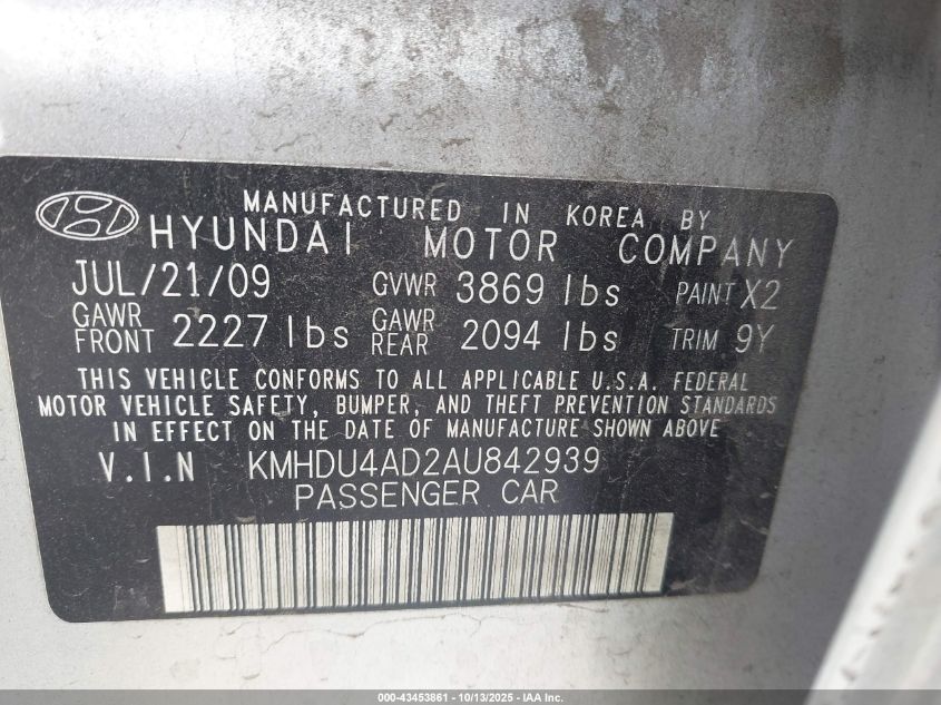 2010 Hyundai Elantra Gls VIN: KMHDU4AD2AU842939 Lot: 43453861