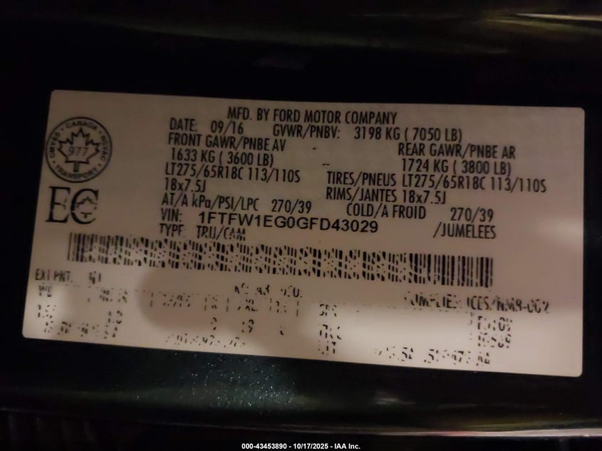 2016 FORD F-150 LARIAT 1FTFW1EG0GFD43029