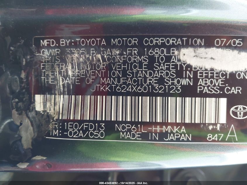 2006 Scion Xa VIN: JTKKT624X60132123 Lot: 43453892