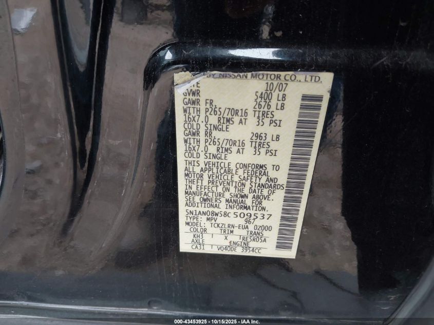 2008 Nissan Xterra S VIN: 5N1AN08W58C509537 Lot: 43453925