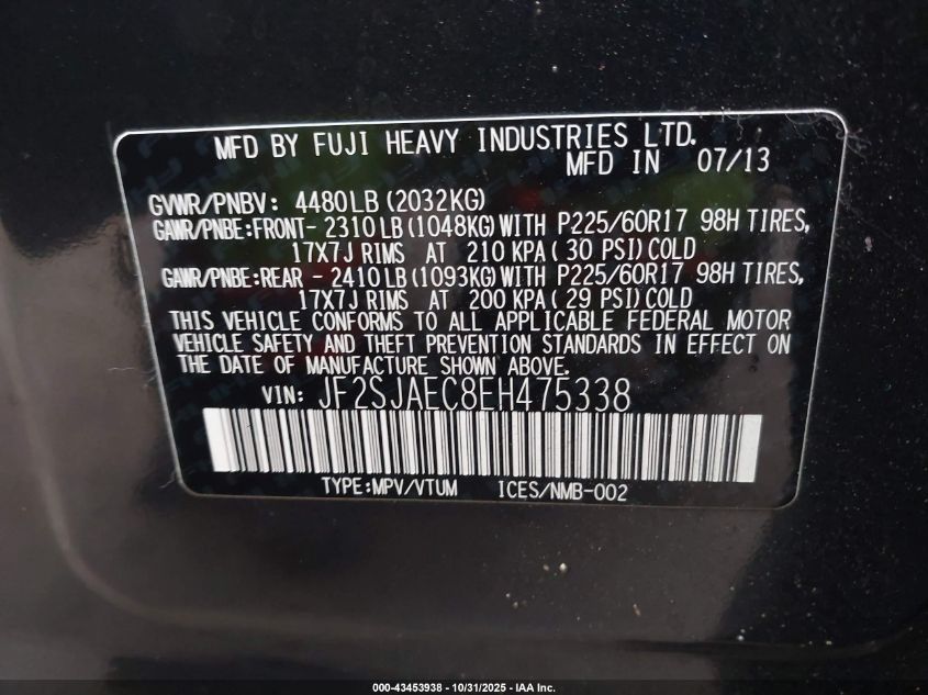 2014 Subaru Forester 2.5I Premium VIN: JF2SJAEC8EH475338 Lot: 43453938