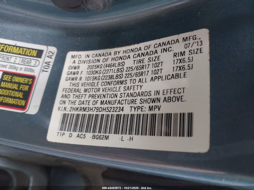 2013 Honda Cr-V Ex-L VIN: 2HKRM3H79DH523234 Lot: 43453972