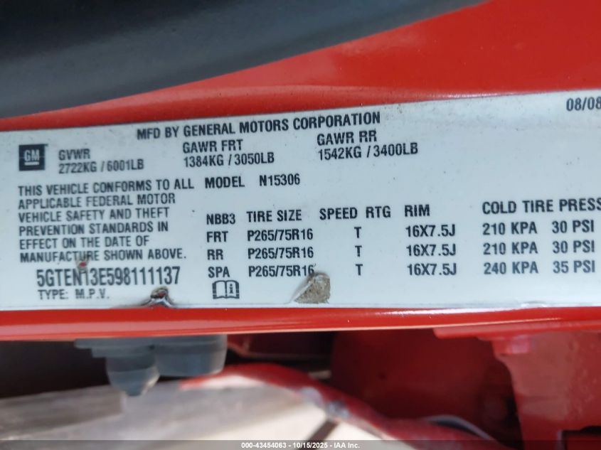 2009 Hummer H3 Suv VIN: 5GTEN13E598111137 Lot: 43454063