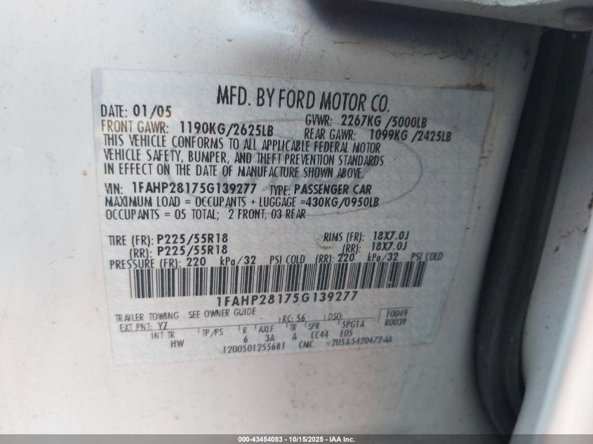 2005 Ford Five Hundred Limited VIN: 1FAHP28175G139277 Lot: 43454083