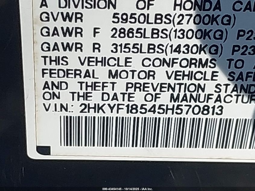 2005 Honda Pilot Ex-L VIN: 2HKYF18545H570813 Lot: 43454145