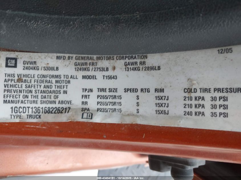 2006 Chevrolet Colorado Lt VIN: 1GCDT136168226217 Lot: 43454191