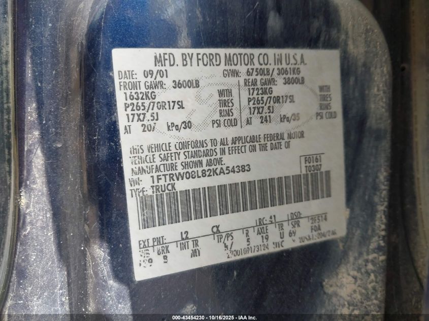 2002 Ford F-150 Lariat/Xlt VIN: 1FTRW08L82KA54383 Lot: 43454230