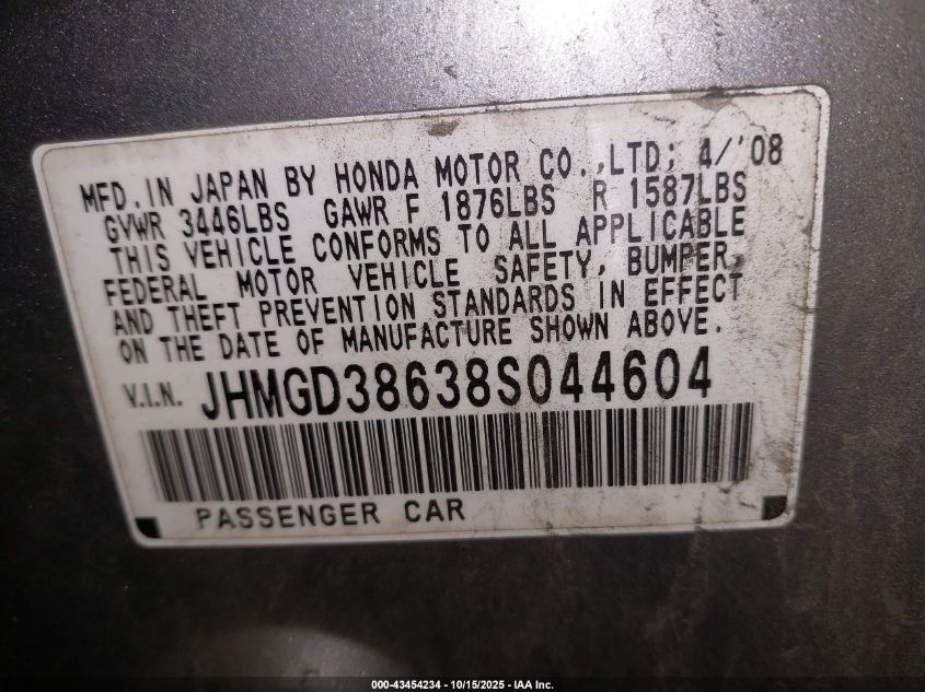 2008 Honda Fit Sport VIN: JHMGD38638S044604 Lot: 43454234