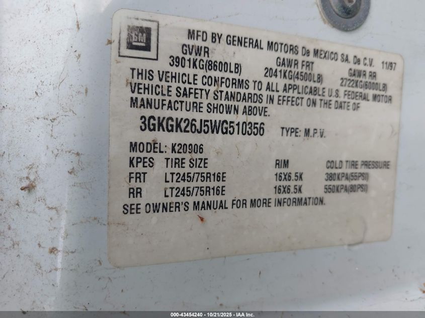 1998 GMC Suburban 2500 Sl VIN: 3GKGK26J5WG510356 Lot: 43454240