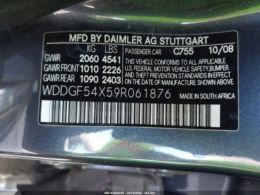 2009 Mercedes-Benz C 300 Luxury/Sport VIN: WDDGF54X59R061876 Lot: 43454245