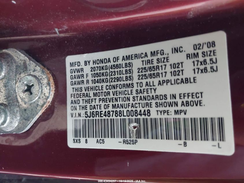 2008 Honda Cr-V Ex-L VIN: 5J6RE48788L008448 Lot: 43454257