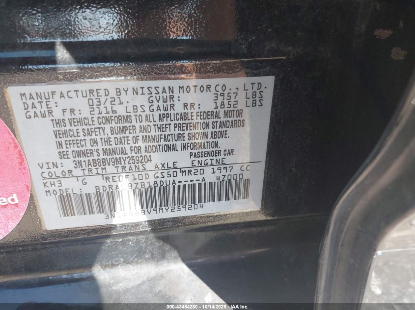 2021 Nissan Sentra S Xtronic Cvt VIN: 3N1AB8BV9MY259204 Lot: 43454280