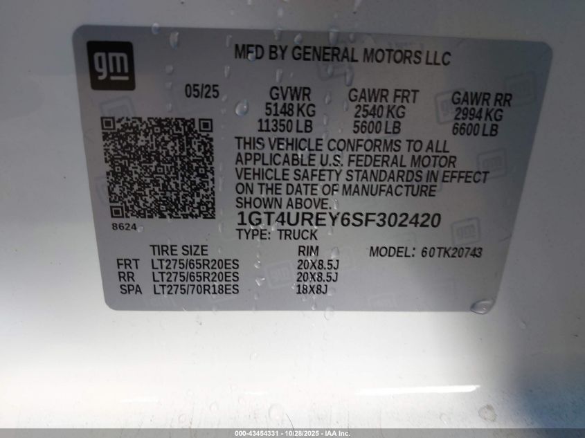 2025 GMC Sierra 2500Hd 4Wd Standard Bed Denali VIN: 1GT4UREY6SF302420 Lot: 43454331
