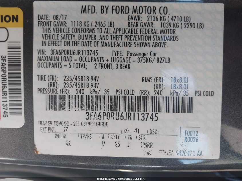 2018 Ford Fusion Hybrid Platinum VIN: 3FA6P0RU6JR113745 Lot: 43454392