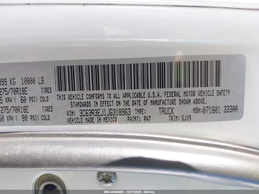 2018 Ram 3500 Laramie 4X4 6'4 Box VIN: 3C63R3EJ1JG318963 Lot: 43454408