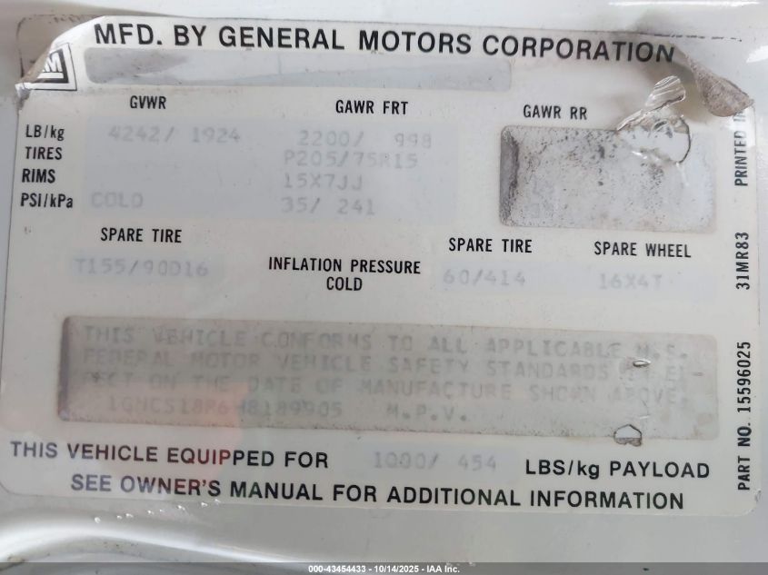 1987 Chevrolet Blazer S10 VIN: 1GNCS18R6H8189905 Lot: 43454433